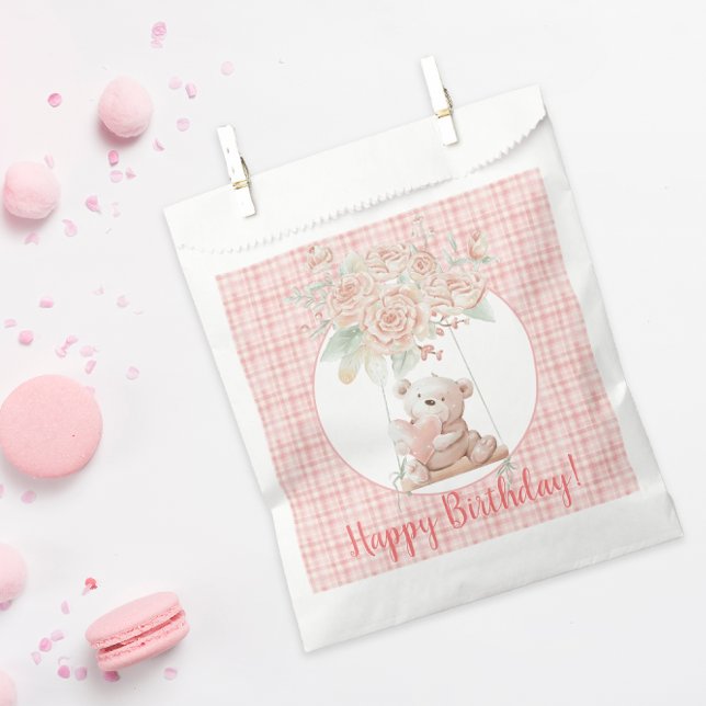 Cute Teddy Bear Birthday Favour Bag (An adorable teddy bear and pink flowers makes a perfect favor bag for a little girl's birthday)