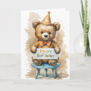 Cute Teddy Bear Birthday Wishes Watercolor Art Card
