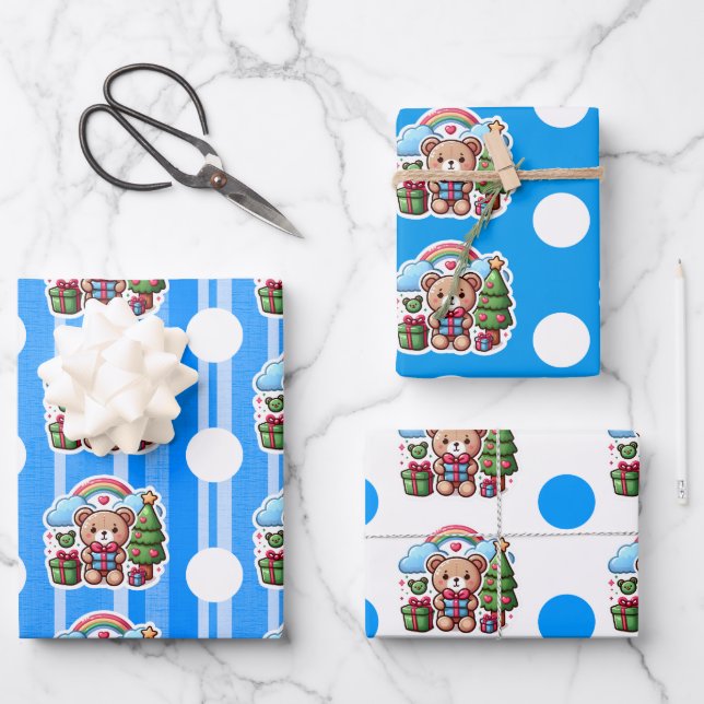 Cute Teddy Bear Birthday Wrapping Paper Sheets (Front)