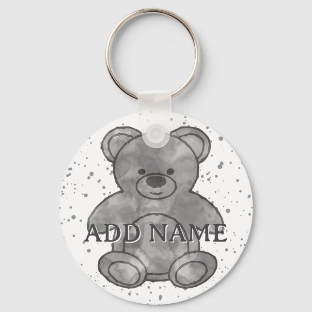 Cute Teddy Bear Black White Watercolor Custom Name Keychain (Back)