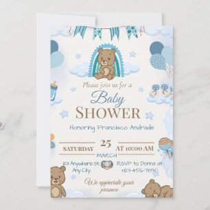 Cute Teddy Bear Blue Baby Shower Invitation