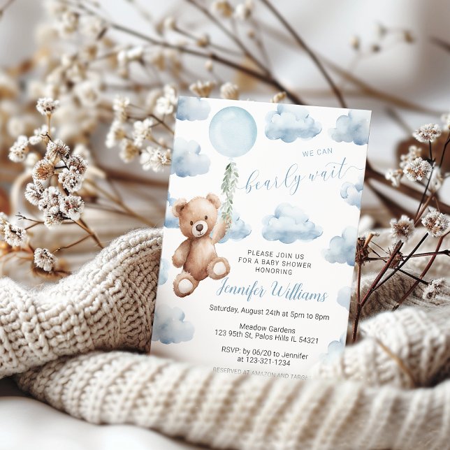 Cute Teddy Bear Blue Balloon Baby Boy Shower Invitation (Creator Uploaded)