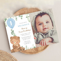 Cute teddy bear blue balloons 1st birthday boy