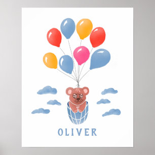 Cute Teddy Bear Blue Balloons Boy Name Poster