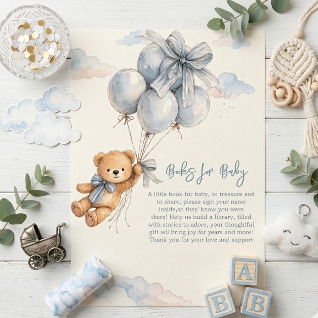 Cute Teddy Bear Blue Balloons Clouds Baby Boy Enclosure Card (Creator Uploaded)