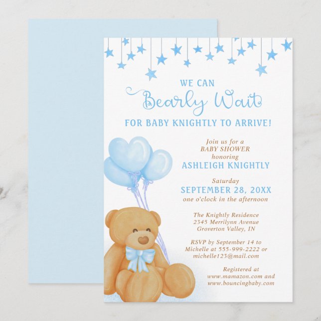 Cute Teddy Bear Blue Balloons Stars Baby Shower Invitation (Front/Back)