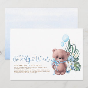 Cute Teddy Bear Blue Bearly Wait Boy Baby Shower Invitation