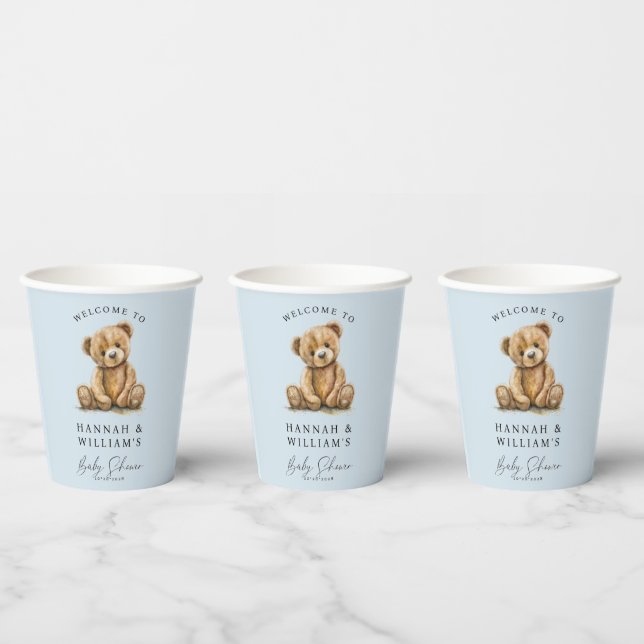 Cute Teddy Bear Blue Boy Baby Shower  Paper Cups (Multi)