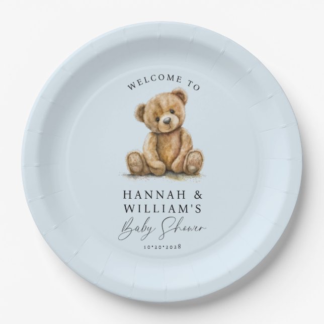 Cute Teddy Bear Blue Boy Baby Shower  Paper Plate (Front)