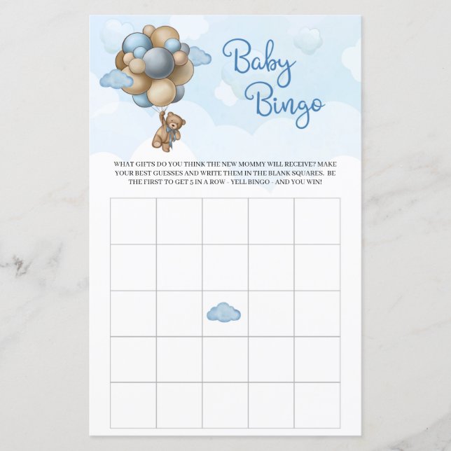 Cute teddy bear blue brown balloons boy baby bingo (Front)