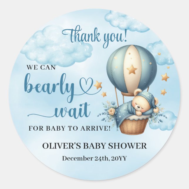 Cute teddy bear blue brown ivory hot air balloon classic round sticker (Front)