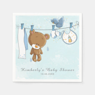 Cute Teddy Bear Blue Clothesline Baby Shower Napkin