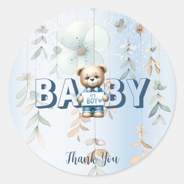 Cute Teddy Bear Blue Floral Beautiful Party Classic Round Sticker (Front)