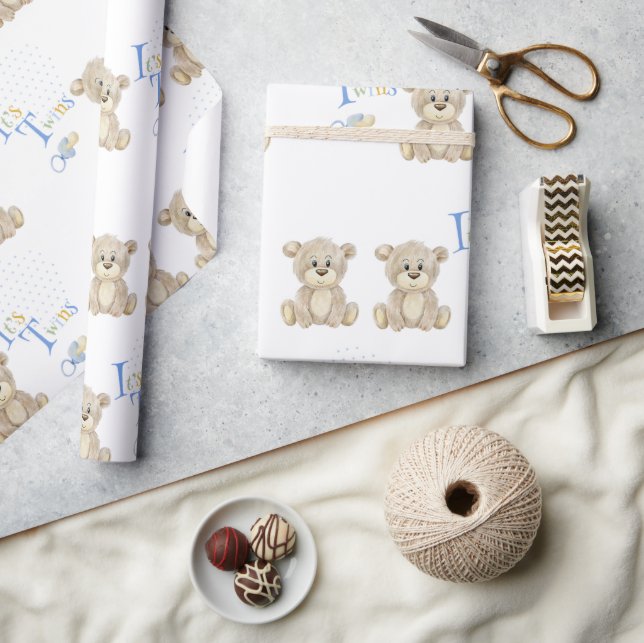 Cute Teddy Bear Blue it’s Twins Baby Shower Wrapping Paper (Crafts)