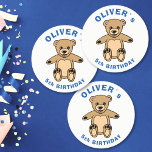Cute Teddy Bear Blue Kids Birthday Party Round Paper Coaster<br><div class="desc">Cute Teddy Bear Blue Kids Birthday Party Paper Cups. A cute little teddy bear. The text is in blue colour. Add your name and age.</div>