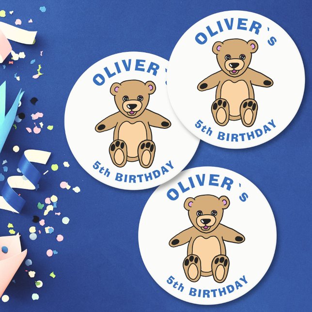 Cute Teddy Bear Blue Kids Birthday Party Round Paper Coaster (Creator Uploaded)