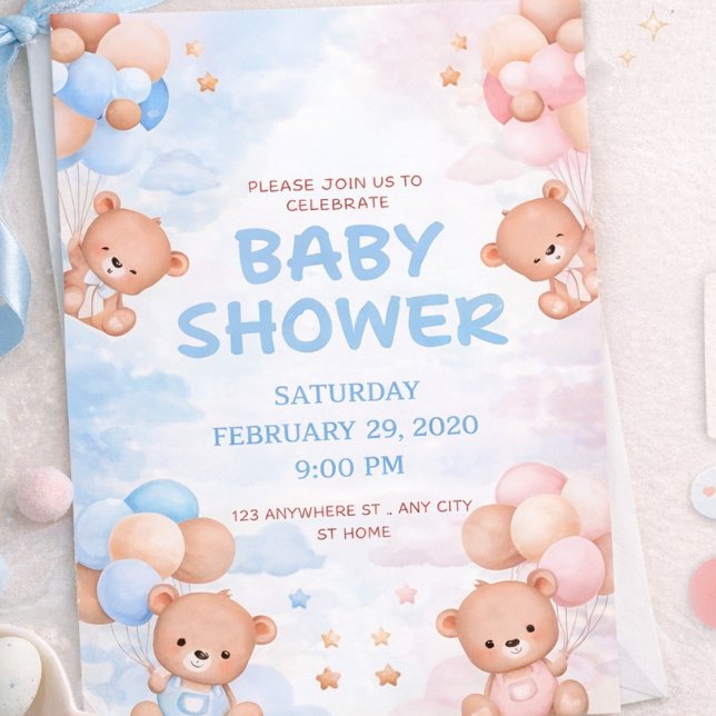 Cute Teddy Bear & Blue Pink Balloon Baby Shower Invitation (Creator Uploaded)