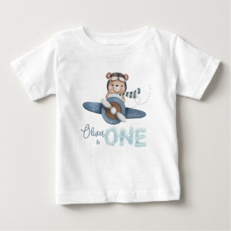 Cute Teddy Bear Blue Plane One 1st Birthday Outfit Baby T-Shirt