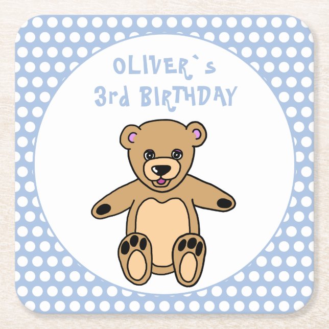Cute Teddy Bear Blue Polka Dot Kid`s Birthday Square Paper Coaster (Front)