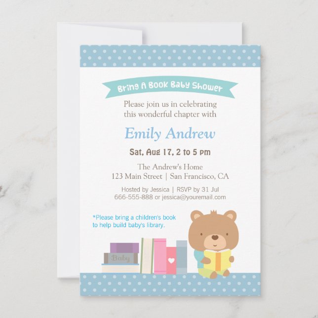 Cute Teddy Bear Blue Polka Dots Book Baby Shower Invitation (Front)