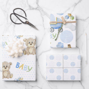 Cute Teddy Bear Blue Polkadots Baby Carriage Boy  Wrapping Paper Sheet