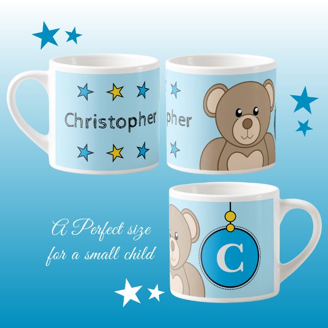 Cute teddy bear blue yellow with stars child's espresso cup (Creator Uploaded)
