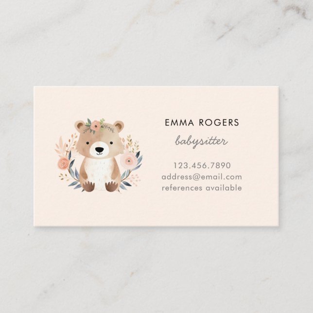 Cute Teddy Bear Boho Babysitter Nanny Business Card (Front)