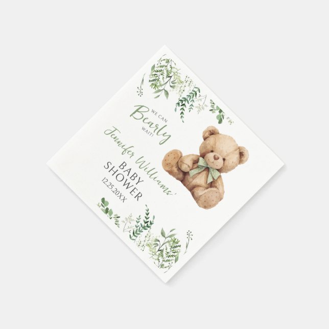 Cute Teddy Bear Bow Greenery Baby Boy Shower Paper Napkin (Corner)