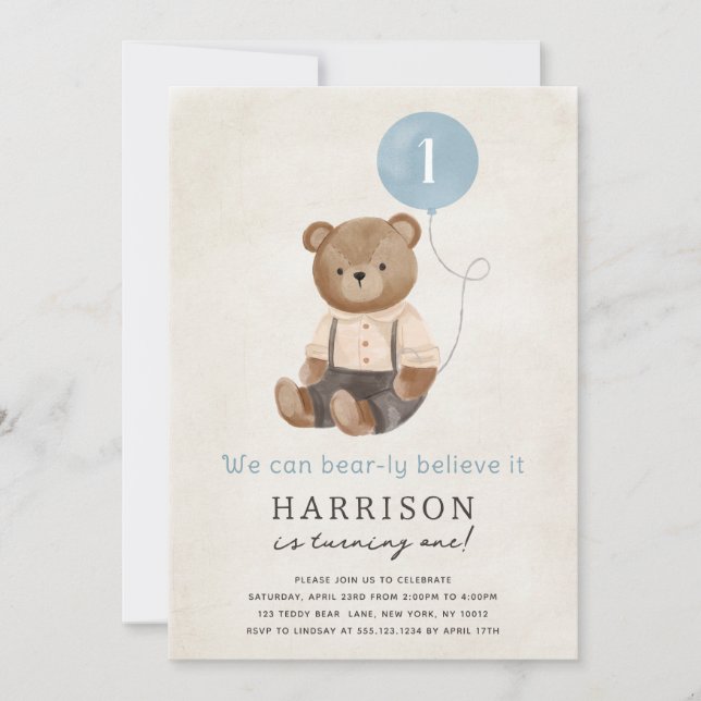 Cute Teddy Bear Boy Anniversaire Fête Invitation (Devant)