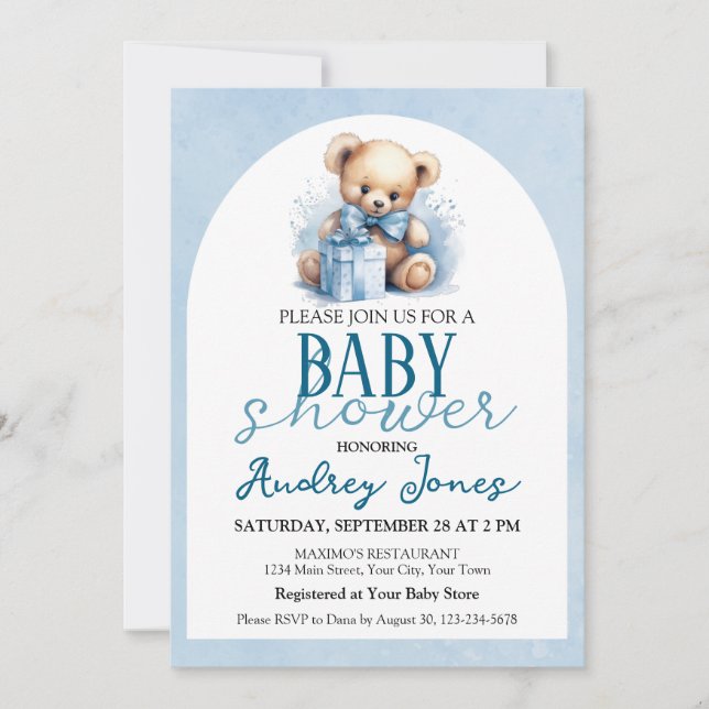 Cute Teddy Bear Boy Baby Shower Invitation (Front)