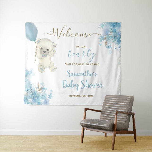 Cute Teddy Bear Boy Baby Shower Welcome Sign Tapestry (In Situ (Horizontal))