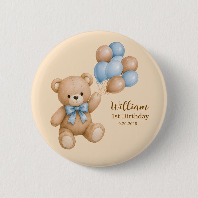 Cute Teddy Bear Boy Birthday Personalized  2 Inch Round Button (Front)