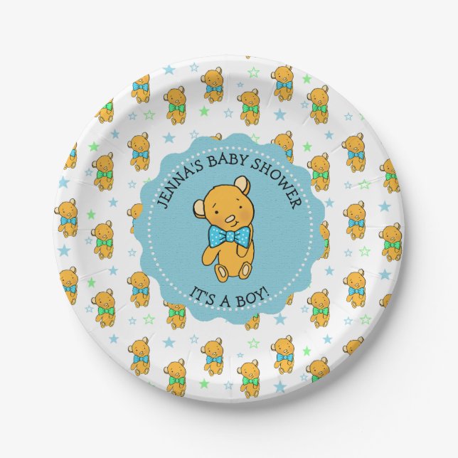 Cute Teddy Bear Boy's Baby Shower Paper Plate (Front)