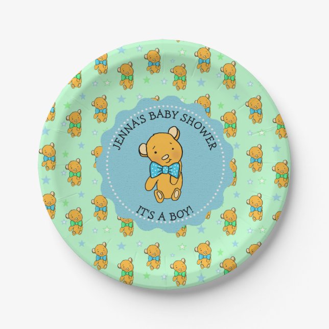 Cute Teddy Bear Boy's Baby Shower Paper Plate (Front)