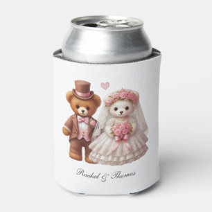 Cute Teddy Bear Bride And Groom Wedding Can Cooler