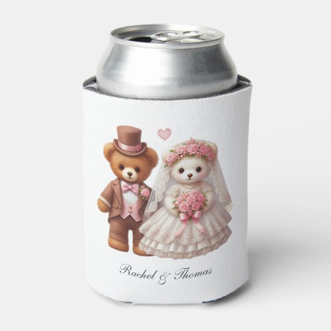 Cute Teddy Bear Bride And Groom Wedding  Can Cooler (Can Front)
