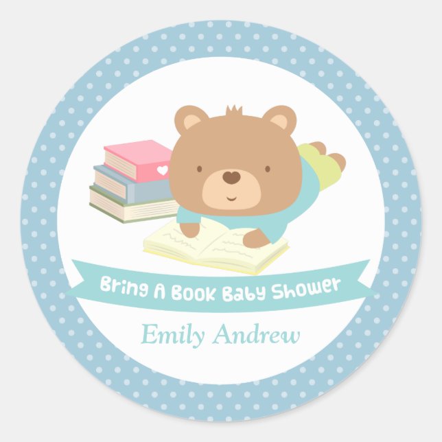 Cute Teddy Bear Bring a Book Baby Shower Classic Round Sticker (Front)