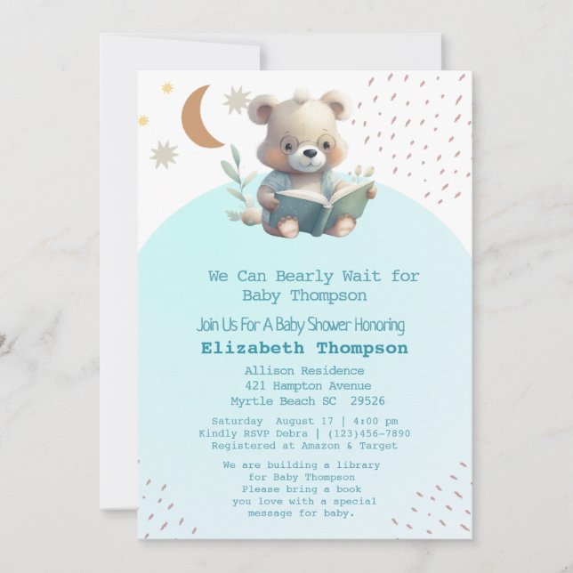Cute Teddy Bear Bring a Book Baby Shower Invitation (Front)
