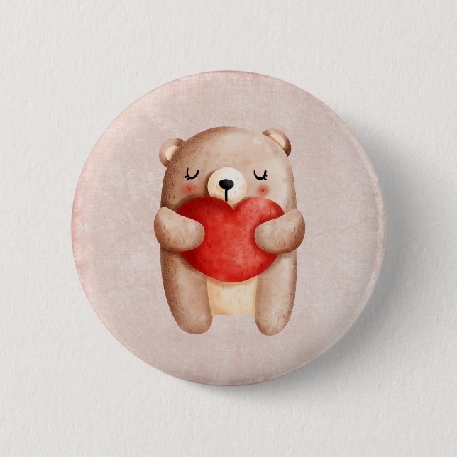 Cute Teddy Bear Carrying a Red Heart 2 Inch Round Button (Front)