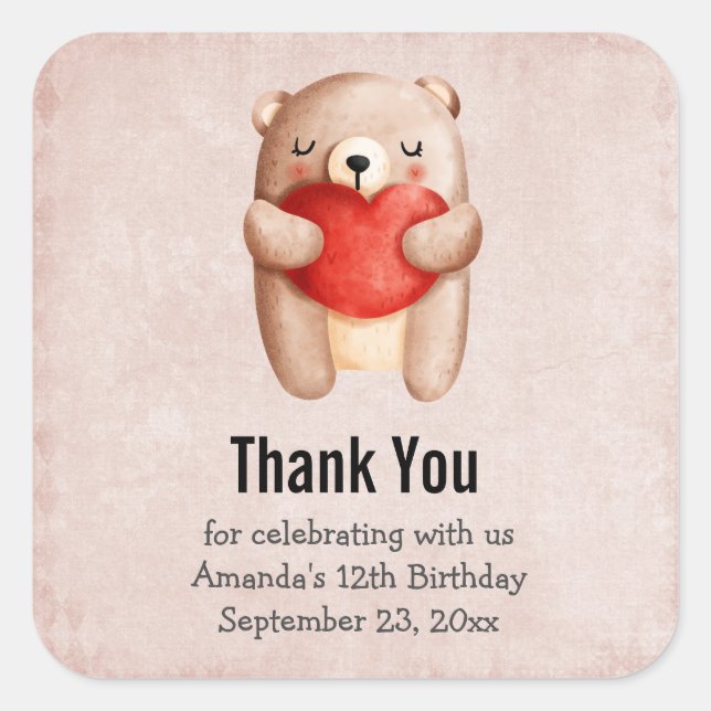 Cute Teddy Bear Carrying a Red Heart Birthday Square Sticker (Front)