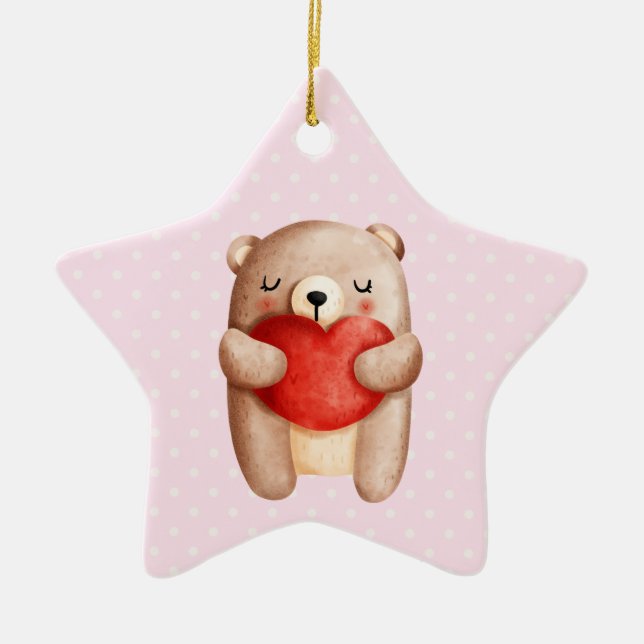 Cute Teddy Bear Carrying a Red Heart Ceramic Ornament (Front)