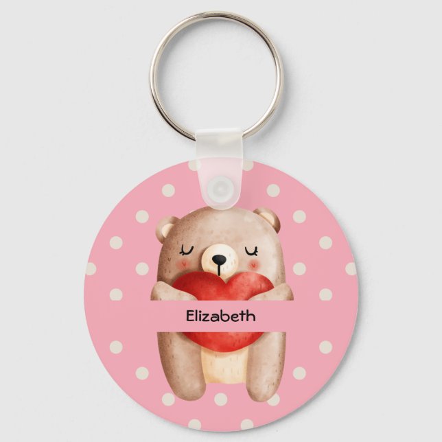Cute Teddy Bear Carrying a Red Heart Keychain (Front)