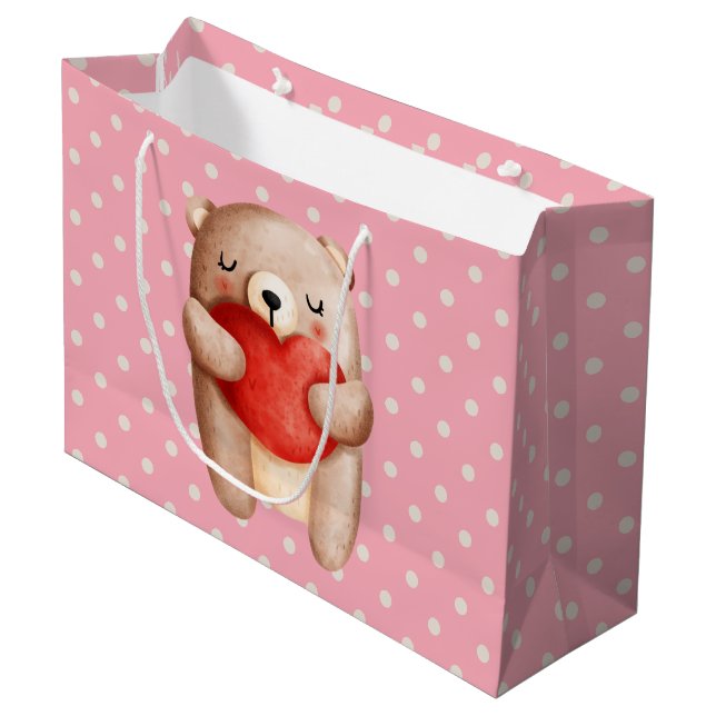 Cute Teddy Bear Carrying a Red Heart Large Gift Bag (Front Angled)