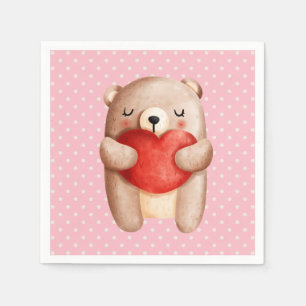 Cute Teddy Bear Carrying a Red Heart Napkin