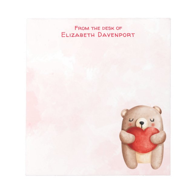 Cute Teddy Bear Carrying a Red Heart Notepad (Front)