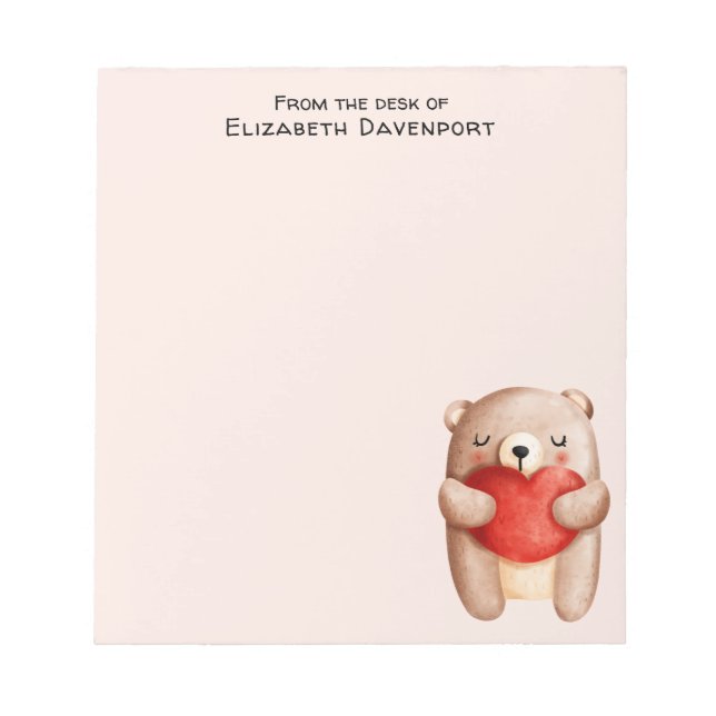 Cute Teddy Bear Carrying a Red Heart Notepad (Front)