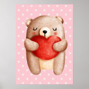 Cute Teddy Bear Carrying a Red Heart Poster