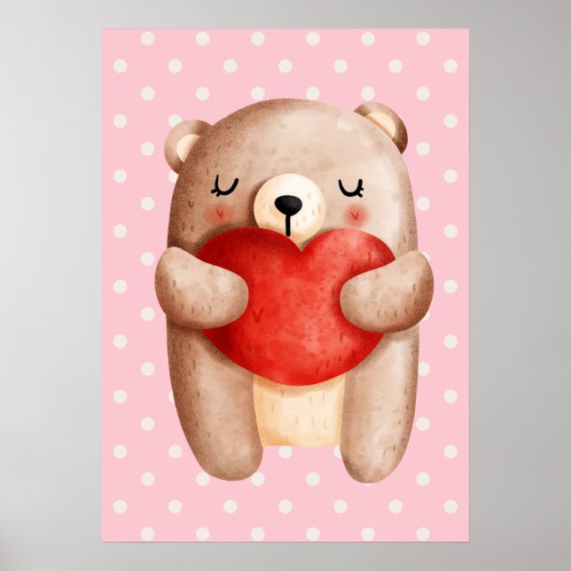 Cute Teddy Bear Carrying a Red Heart Poster (Front)