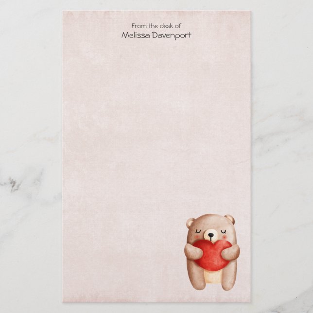 Cute Teddy Bear Carrying a Red Heart Stationery (Front)