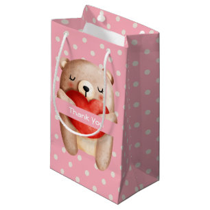 Cute Teddy Bear Carrying a Red Heart Thank You Small Gift Bag